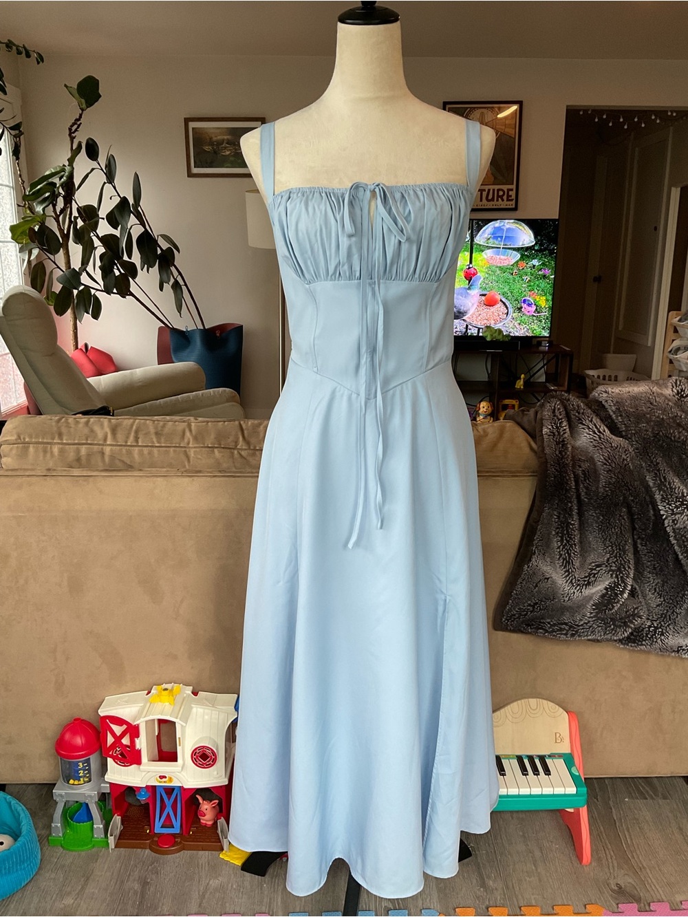 🌤️Flowy Light Blue Sleeveless Corset Bodice Midi Dress with Tie Front & Back